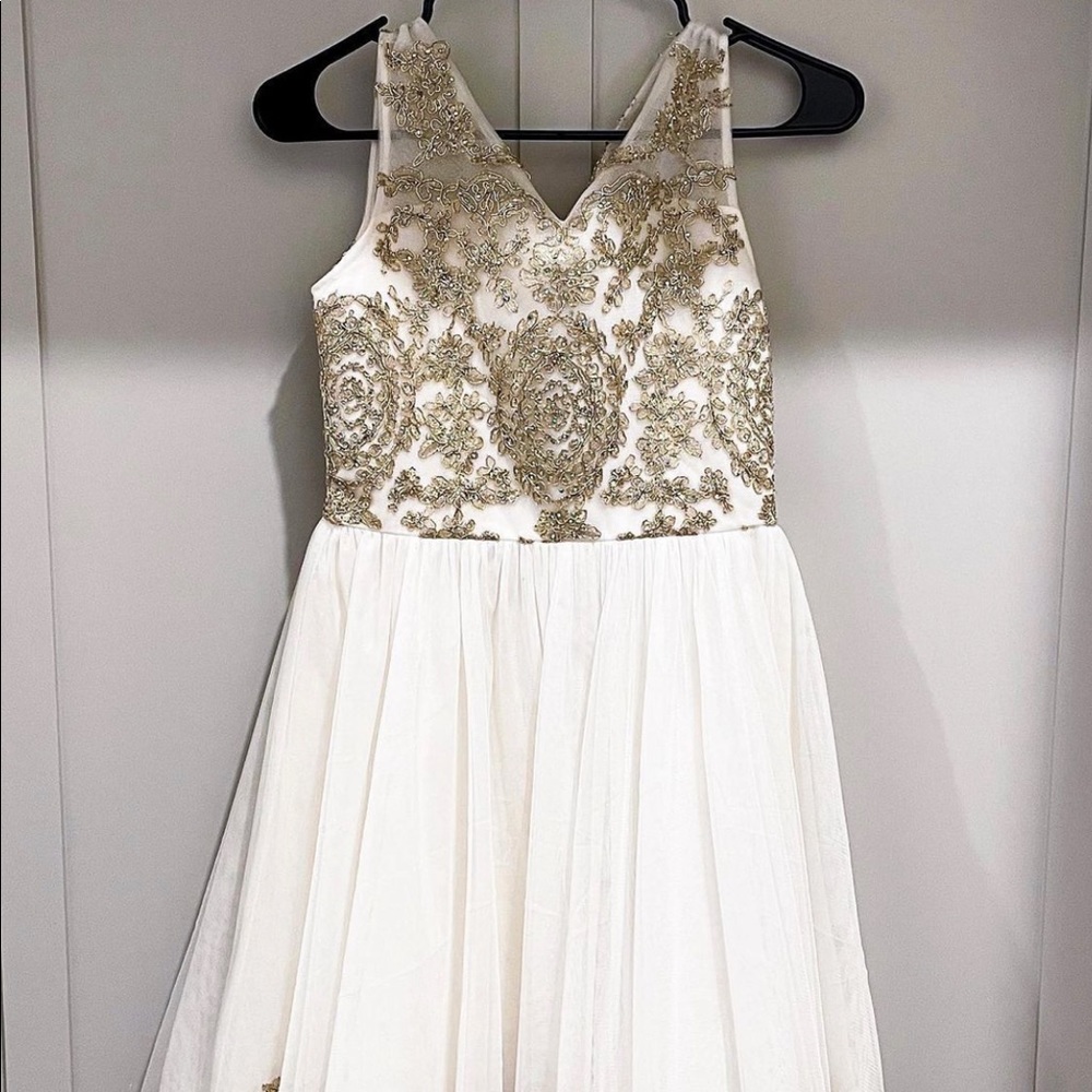girls white and gold dress